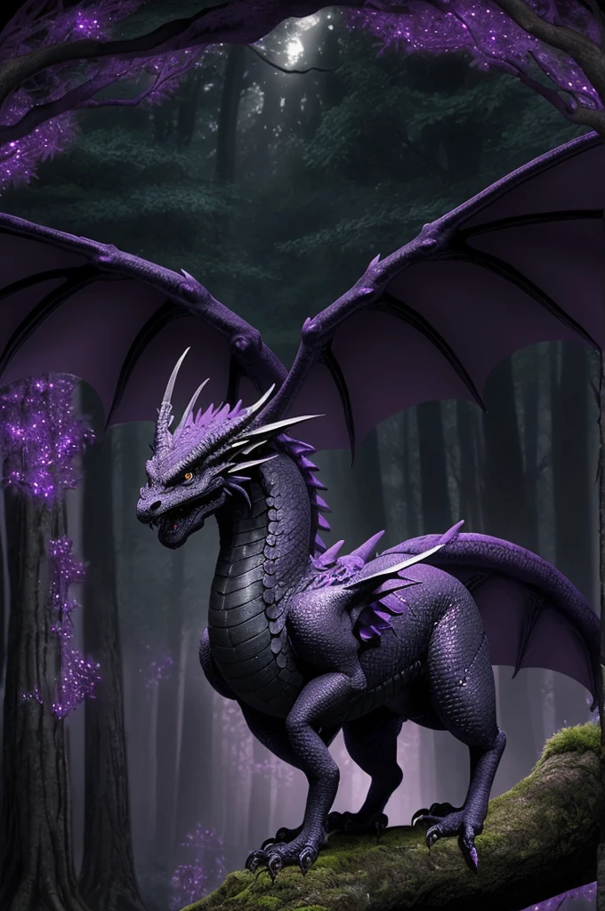 Create a large, winged, majestic, and ancient black and purple dragon, in an enchanted forest in the twilight of the night