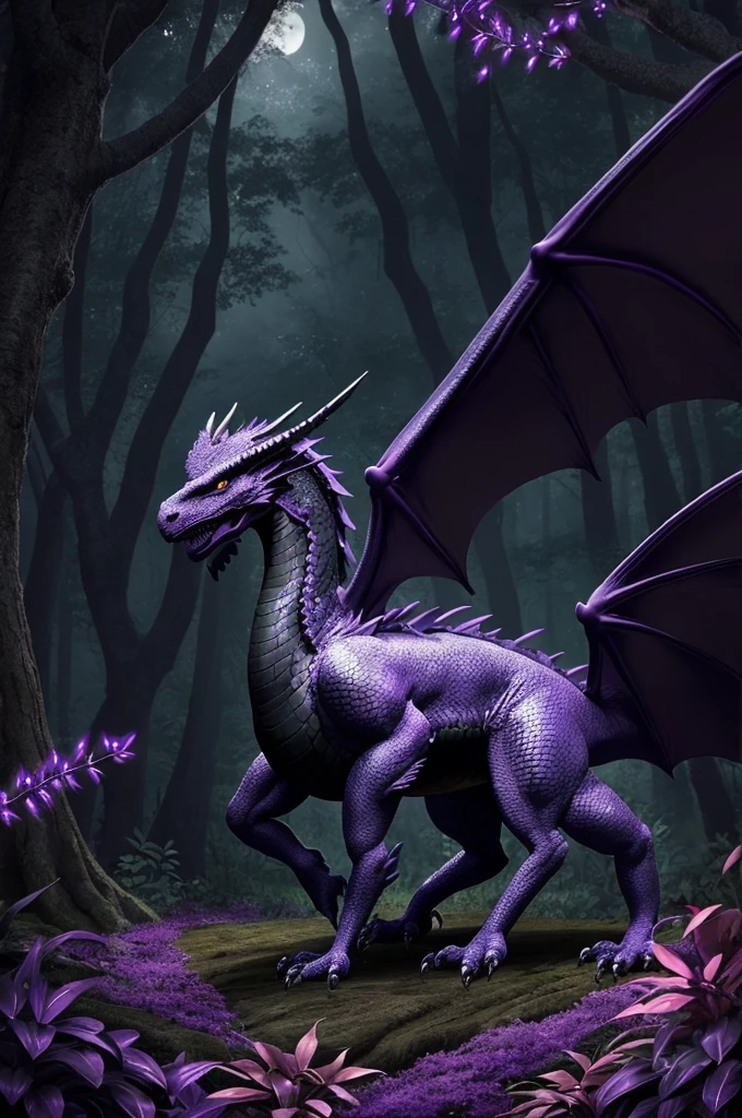 Purple and teal colored dragon. highly detailed with scales, and large bat-like wings. perched on a mountain of treasure inside a cave. dark lighting.
