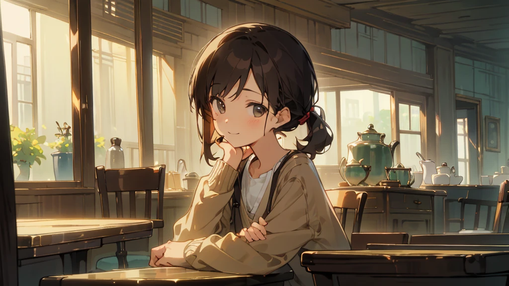 Stylish cafe、Anime Style、Freshly Brewed Coffee、Delicious looking baked goods、Relaxed atmosphere、Cozy atmosphere、Beautiful girl with dark hair sitting and drinking coffee、Wearing a beige cardigan、smile、Warm Light、avert your eyes、Ghibli style