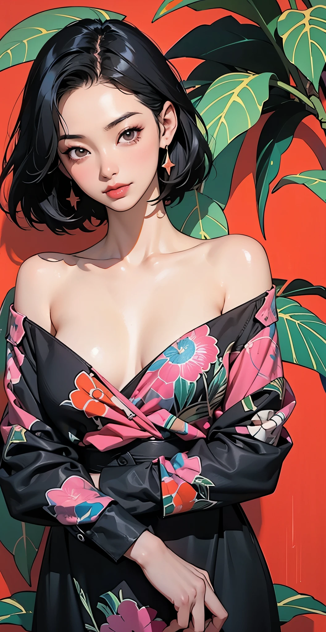 Flat Illustration artwork, ((Maggie cheung)) in a dress standing in front of simple background, up close, ((Art style by Patrick Nagel)), ((8k, wallpaper, detailed)), dark sunglasses, korean pop-star, big smile, black hair, pretty hands, fringe, simple red background, palm trees, (graffiti wall:1.2), strong, courageous, art by Patrick Nagel, music album art cover