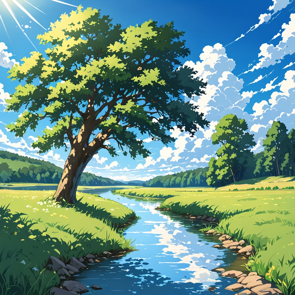 Background painting, summer countryside, grass and trees, waterways, summer sky and incoming clouds, clear contrast between sun and shadow, 8KHDR