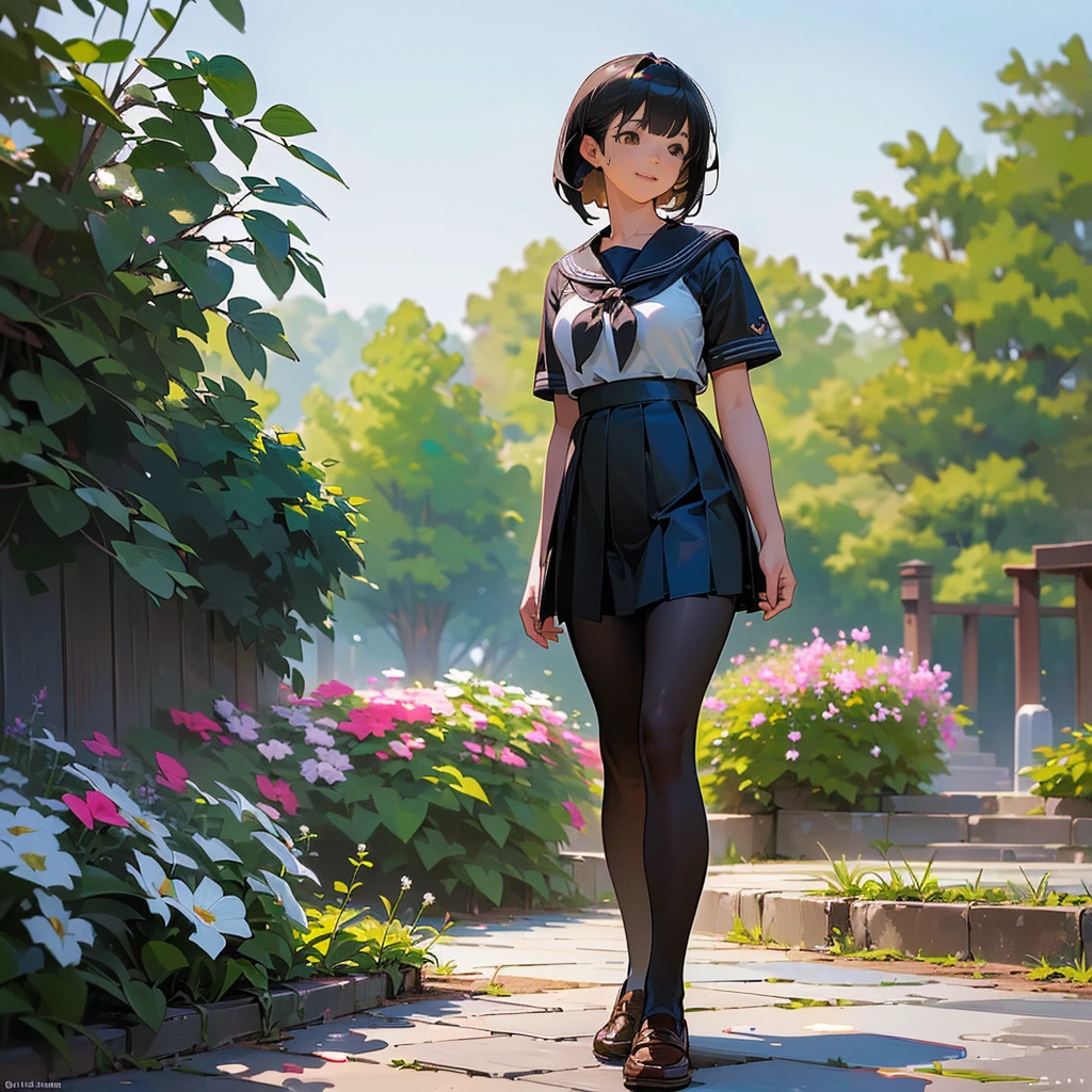 (Highest quality, High resolution, Super detailed, Realistic:1.37), Peaceful atmosphere, (Outdoor, garden), Teenage girl standing alone,(my breasts are big.),Beautifully detailed features, Cute Smile, ((Black bob hair)),Short-sleeved sailor uniform, Pleated skirt,Black tights,Brown leather shoes.