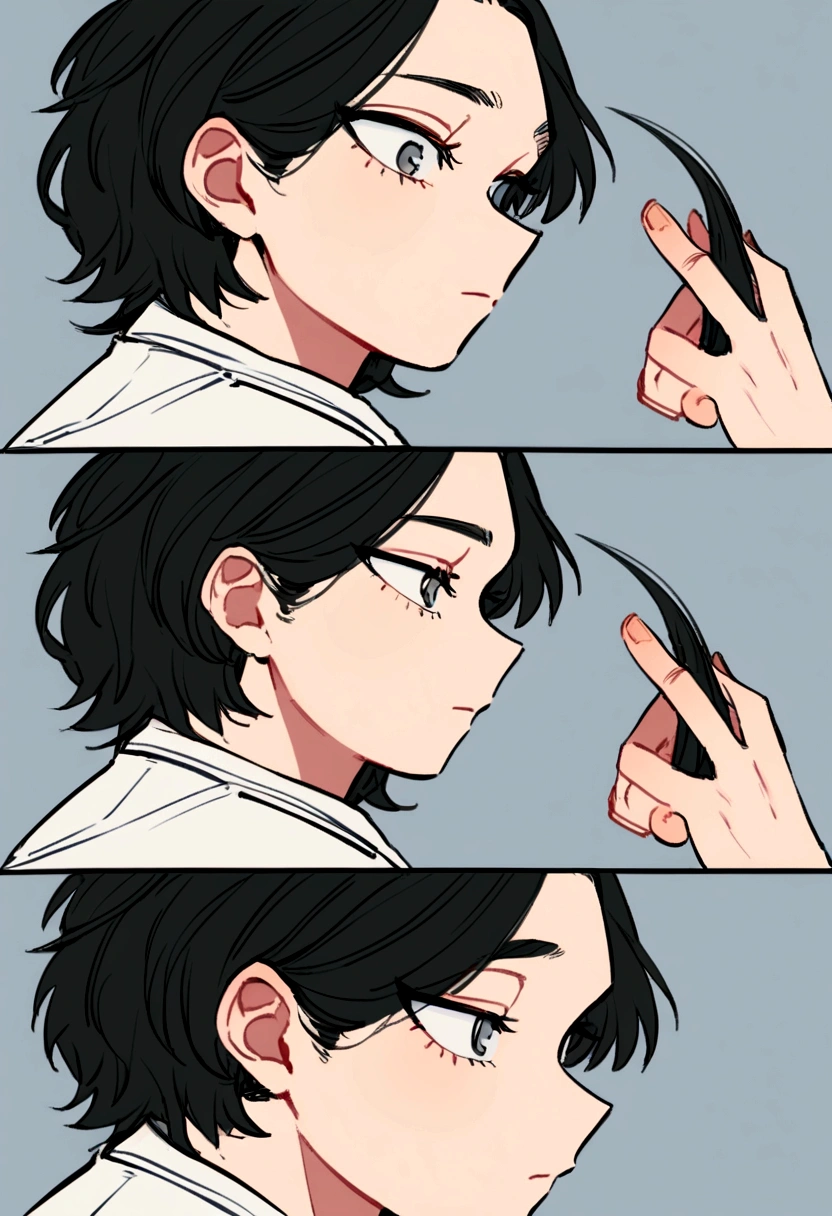 my hero academia ,Female gender, black hair,grey eyes,men's hair, a look would be