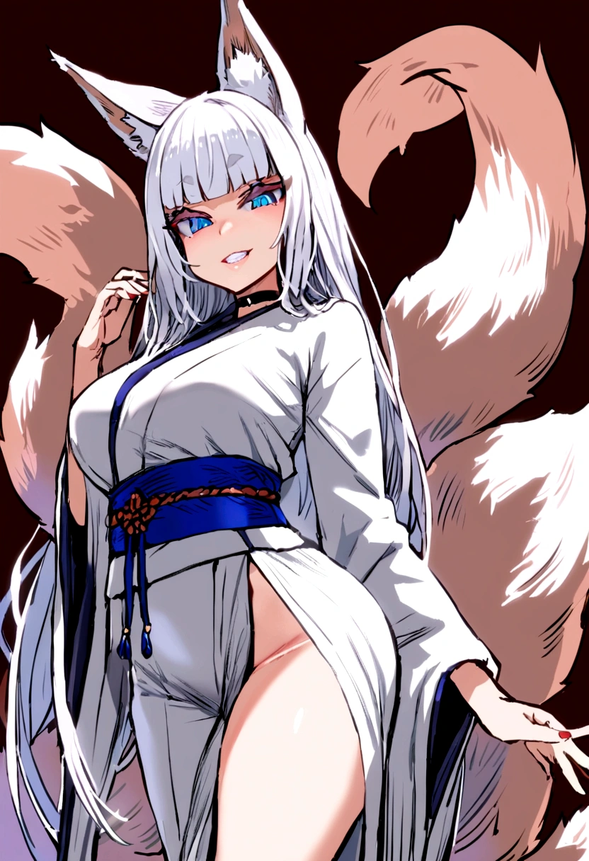 masterpiece, best quality, kitsune 1girl, solo, beautiful kitsune woman, fox ears, bangs, white hair, very long hair, blue eyes, grin, medium breasts, black choker, white kimono, long kimono, long kimono sleeves, blue sash, 5 white fox tails, white hair, looking at viewer