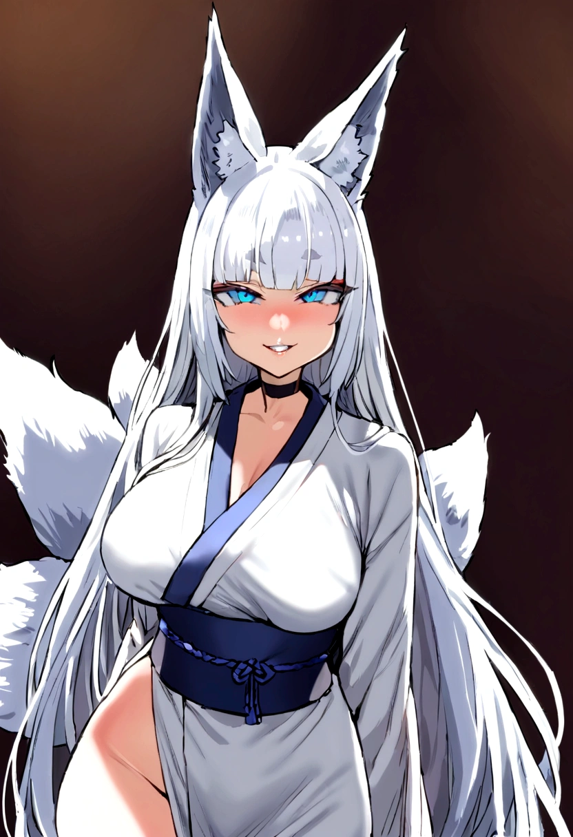 masterpiece, best quality, kitsune 1girl, solo, beautiful kitsune woman, fox ears, bangs, white hair, very long hair, blue eyes, grin, medium breasts, black choker, white kimono, long kimono, long kimono sleeves, blue sash, 5 white fox tails, white hair, looking at viewer