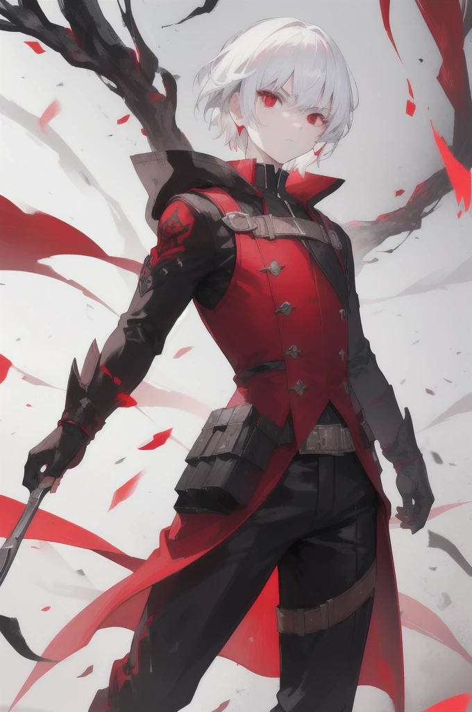man, short white hair, red eyes, serious face, black hunter's clothing