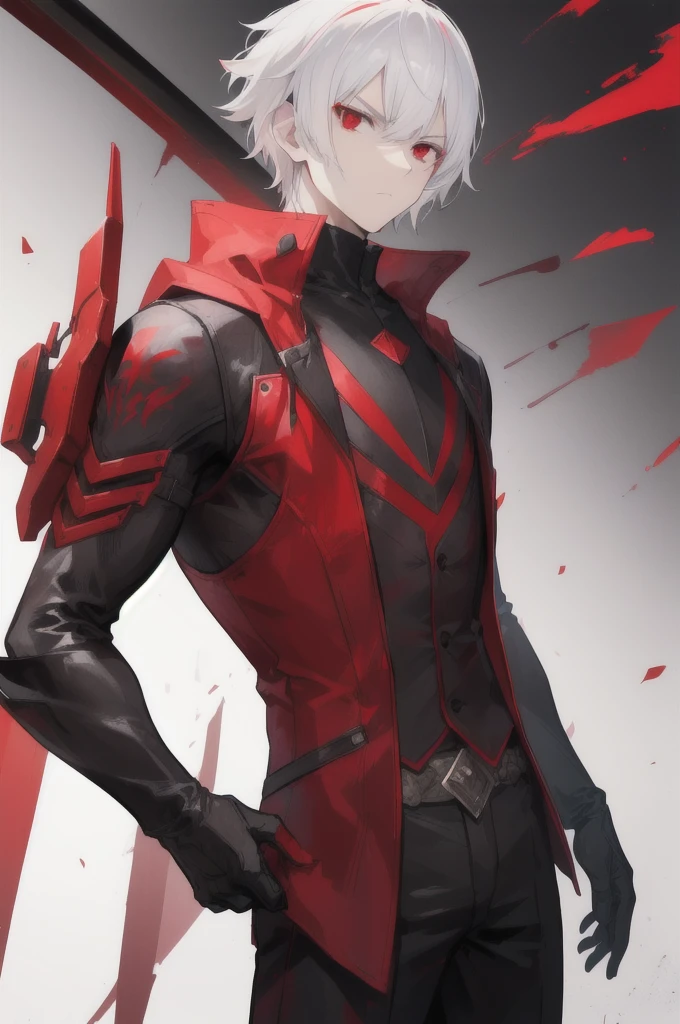 man, short white hair, red eyes, serious face, black hunter's clothing