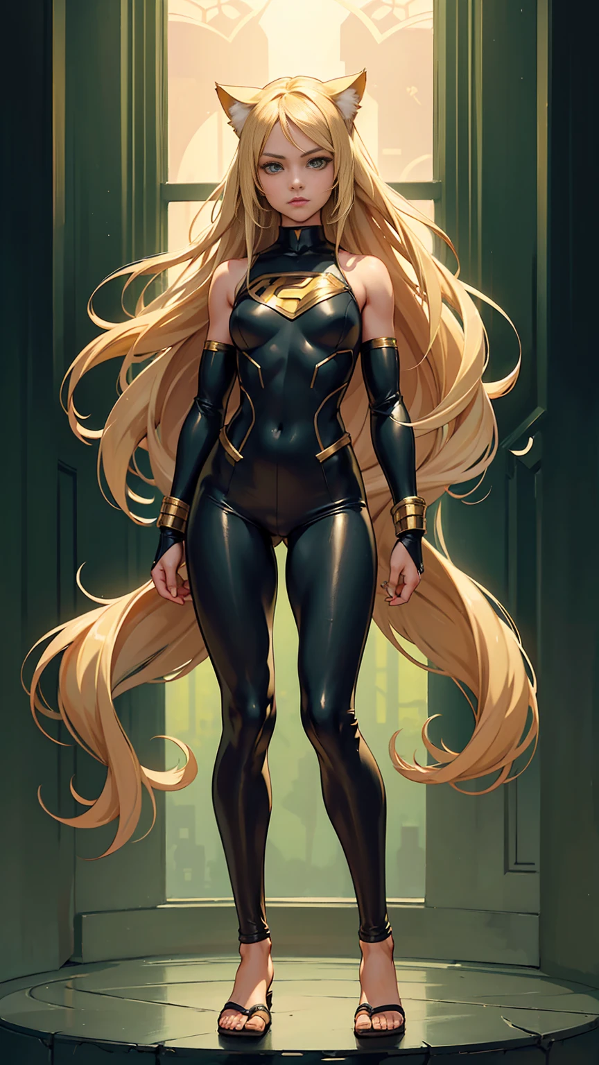((Full body photo, standing, feet on the ground)) , girl, long blonde hair, flowing blonde hair, cat ears, green eyes, in a superhero costume with leggings, masterpiece, high quality,flat sandals
,