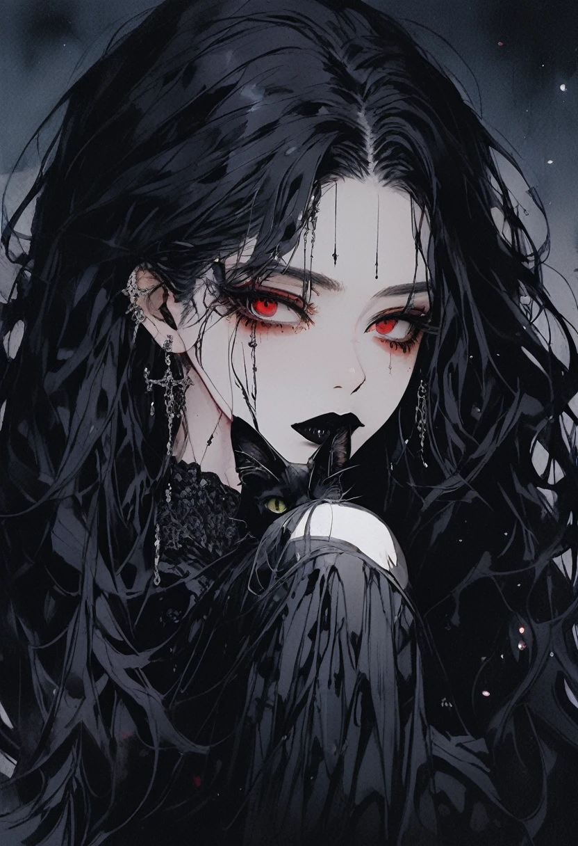 (Highest quality,4K,8K,High resolution,masterpiece:1.2),Super detailed,(Realistic,photoRealistic,photo-Realistic:1.37),Dark and mysterious,Detailed black clothing,Gothic Makeup,Black lipstick,Pale skin,Smokey Eye,Long black hair,Sharp Fangs,Red eyes,Vampire-like appearance,Expressive and sharp gaze,Earrings and ear piercings,Standing in a moonlit garden surrounded by roses,Spooky and eerie atmosphere,Cast long shadows,The faint moonlight illuminates her face,Creates a dramatic and striking effect.Hair fluttering in the wind、Gradation