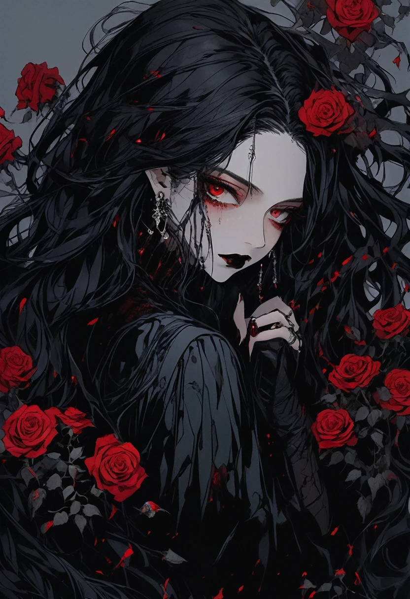 (Highest quality,4K,8K,High resolution,masterpiece:1.2),Super detailed,(Realistic,photoRealistic,photo-Realistic:1.37),Dark and mysterious,Detailed black clothing,Gothic Makeup,Black lipstick,Pale skin,Smokey Eye,Long black hair,Sharp Fangs,Red eyes,Vampire-like appearance,Expressive and sharp gaze,Earrings and ear piercings,Standing in a moonlit garden surrounded by roses,Spooky and eerie atmosphere,Cast long shadows,The faint moonlight illuminates her face,Creates a dramatic and striking effect.Hair fluttering in the wind、Gradation