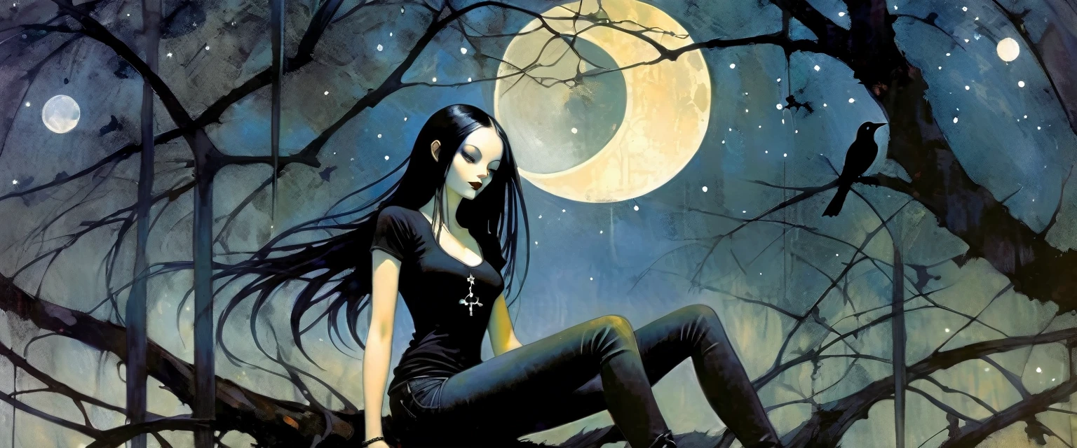Sexy gothic girl, long black and straight hair, tight black t-shirt and jeans, small breasts, pale white skin tone, ankh symbol, a dark crow accompanies her, sitting under a tree with convoluted branches, magic, fantastic, night sky, moon , stars, background (simple oil painting in a Dave mcKean style)