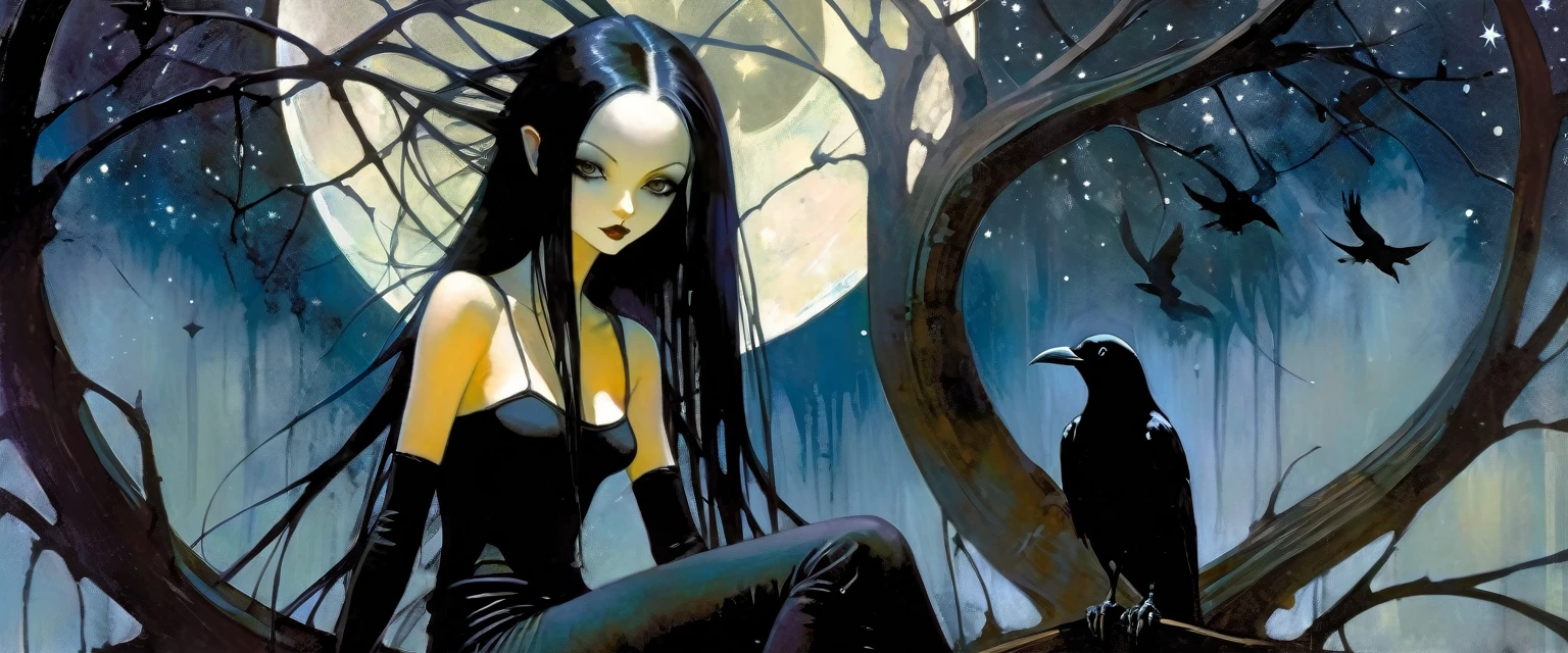Sexy gothic girl, long black and straight hair, tight black t-shirt and jeans, small breasts, pale white skin tone, ankh symbol, a dark crow accompanies her, sitting under a tree with convoluted branches, magic, fantastic, night sky, moon , stars, background (simple oil painting in a Dave mcKean style)