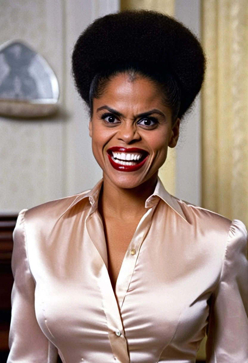 closeup shot in 1960, (muscular evil angry Zazie Beetz showing closed teeth with flared nostrils and furrowed brows:1.5) in a (closed satin skintight buttondown band collar blouse with large shoulder-pads and extremely tight belt:1.6), tight hairbun, silk gloves, (widened eyes), (muscular arms), subtle evil stare with flared nostrils, large shoulder-pads, (evil laugh), skintight satin pants defining her body, uptight, popped collar, stiff posture,
blouse collar perfectly fits her neck
