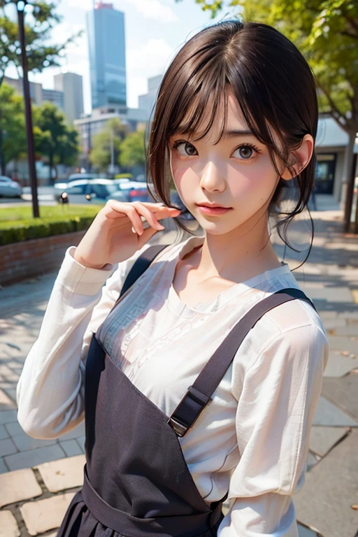detailed face, cute face, ((masterpiece, Highest quality)), (One girl), (alone), (Focus on women), night (Chainsaw Man),(Highly detailed face, The real picture, Realistic white skin, Realistic body, Intricate details), Upper Body, Severe , Brown eyes, Looking at the audience, bandage over the body, Black Hair, Long sleeve shirt, Pinafore dress, Black tie, bandage, bandage, Small breasts
