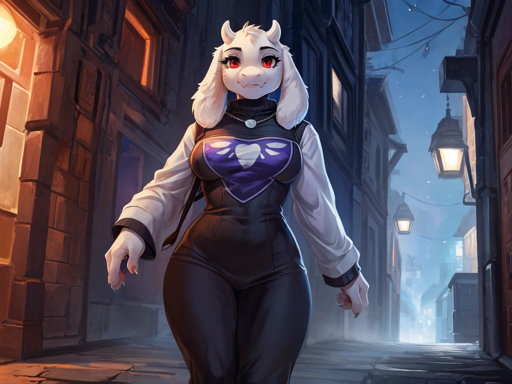 By Ross Tran, ruan jia, trending on artstation, (((Toriel))), (Female goat anthro:1.3), (White fur:1.1), (walking towards viewer:1.3), (Foggy night alley:1.23), (Blank expression:1.3), (detailed eyes), (sharp red eyes), detailed background, 8k hd, (dark shadows, wide dynamic range, hdr, low light:1.2), (Thin physique), black eyeshadow, (black turtleneck, silver necklace, black dress pants), ((Gothic)), Close-up