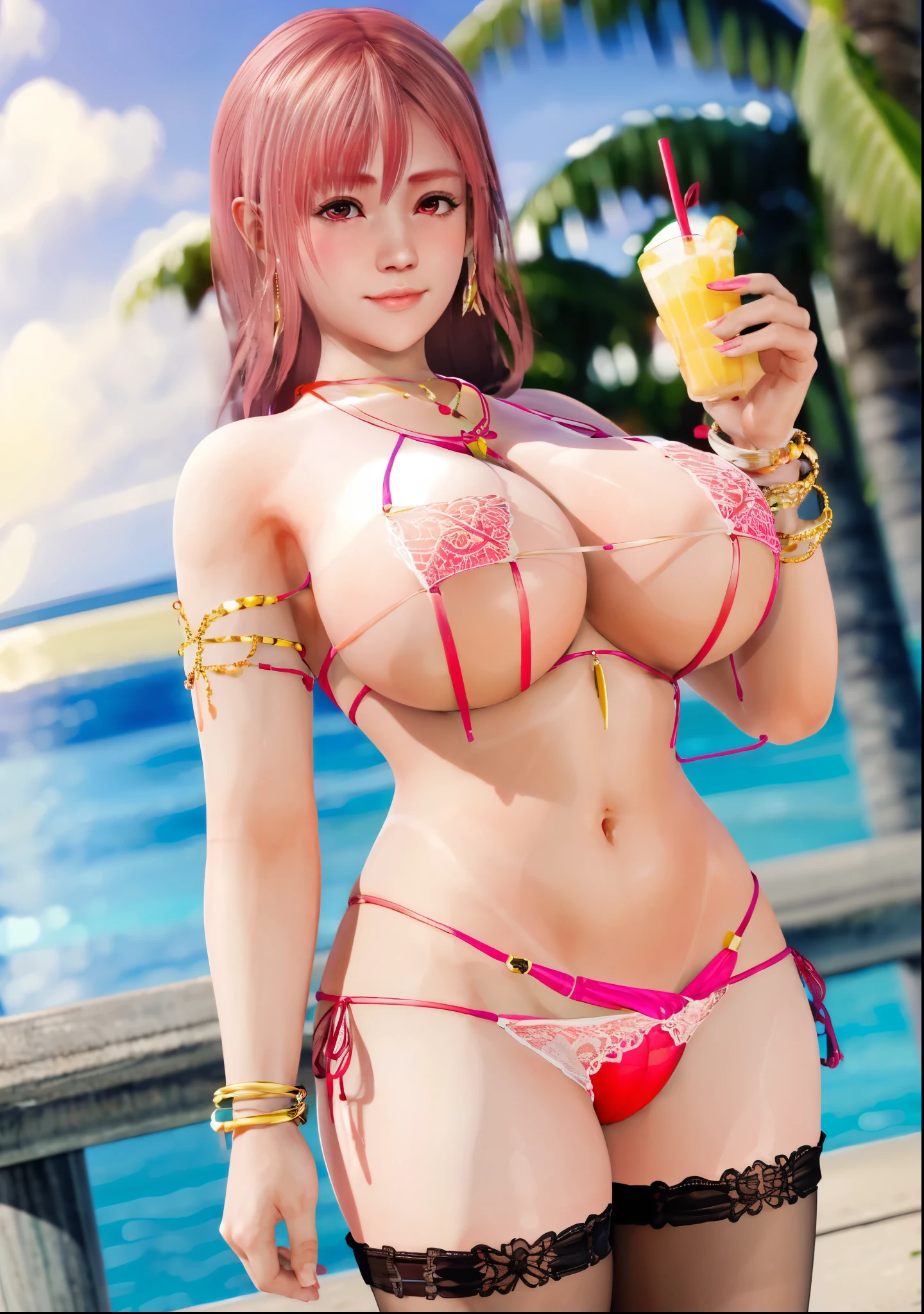 Honoka, Pink bikini ，Super short pleated skirt, bracelet，ring, university student，Pink Hair，Huge breasts，Cleavage，Low-cut，miniskirt，pantyhose，cute，necklace，earrings，beach，drinks，lemon，Sunset，Lace，shy，Ice cream，orange juice