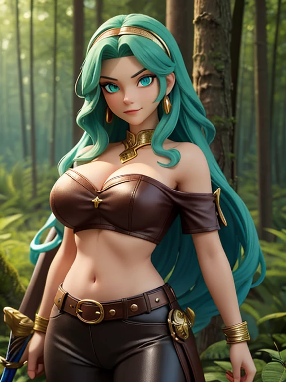 ((Best quality)), ((Masterpiece)), (detailed), (Detailed face:1.2), (Detailed eyes:1.2), (Perfect figure:1.2), Fantasy style, Fantasy environment, Female Knight, long green hair, headband, strapless, off shoulder, crop top, leather pants, gold belt, armor, knight's armor, big breast, middle aged woman, (looking at viewer with a mischievous expression on her face:1.1), holding a sword, One woman, In the forest, forest background