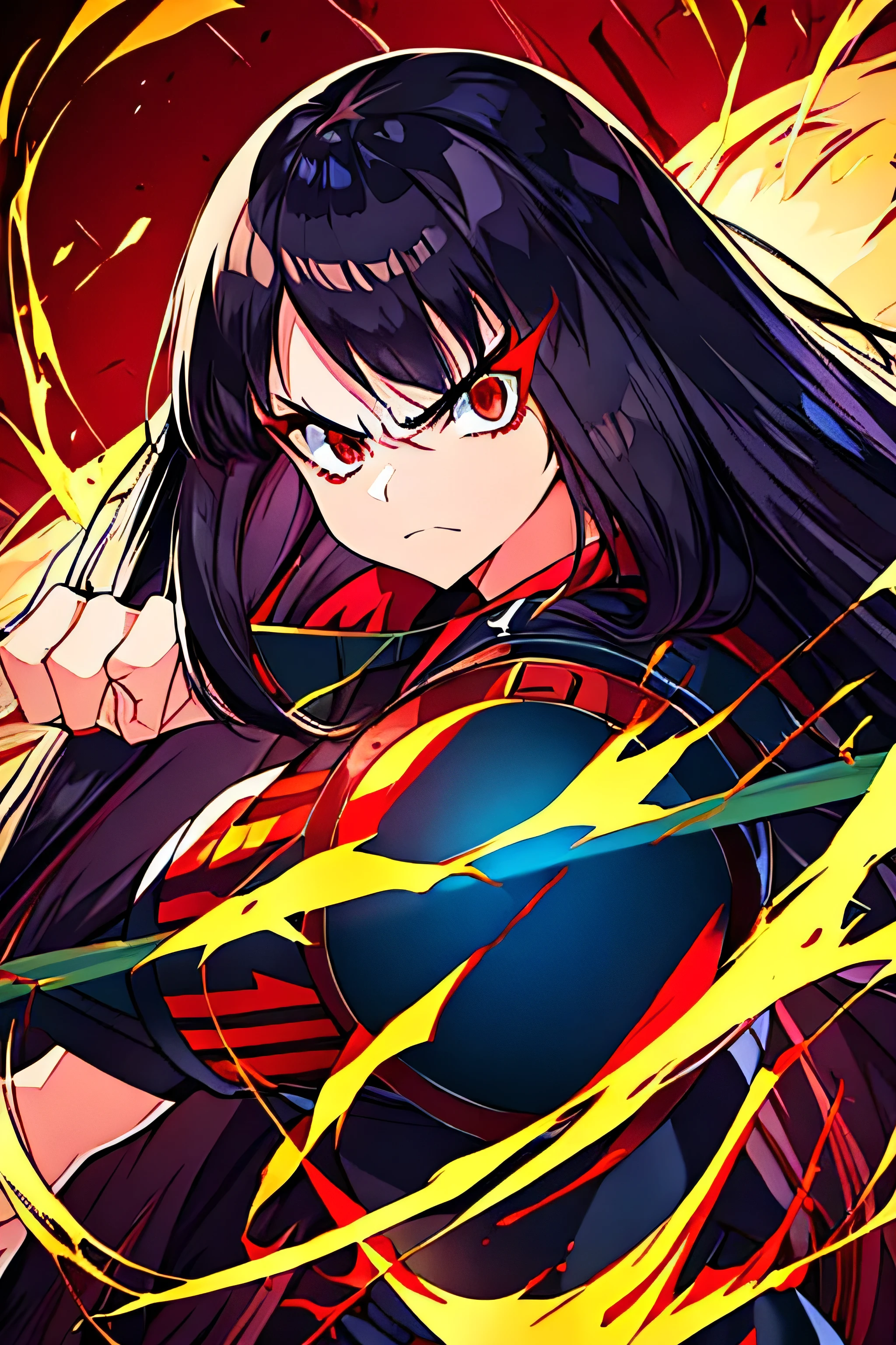 Play an angry girl with long black hair and bangs, ready to fight with her demonic powers alongside Bakugou Katsuki in the style of the anime Boku no Hero Academia 