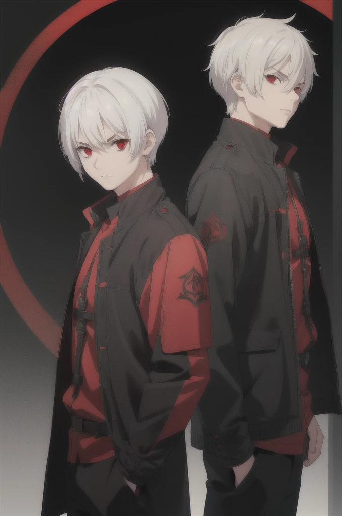 man, short white hair, red eyes, serious face, black hunter's clothing