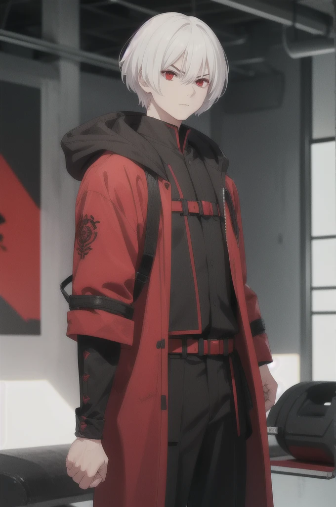 man, short white hair, red eyes, serious face, black hunter's clothing