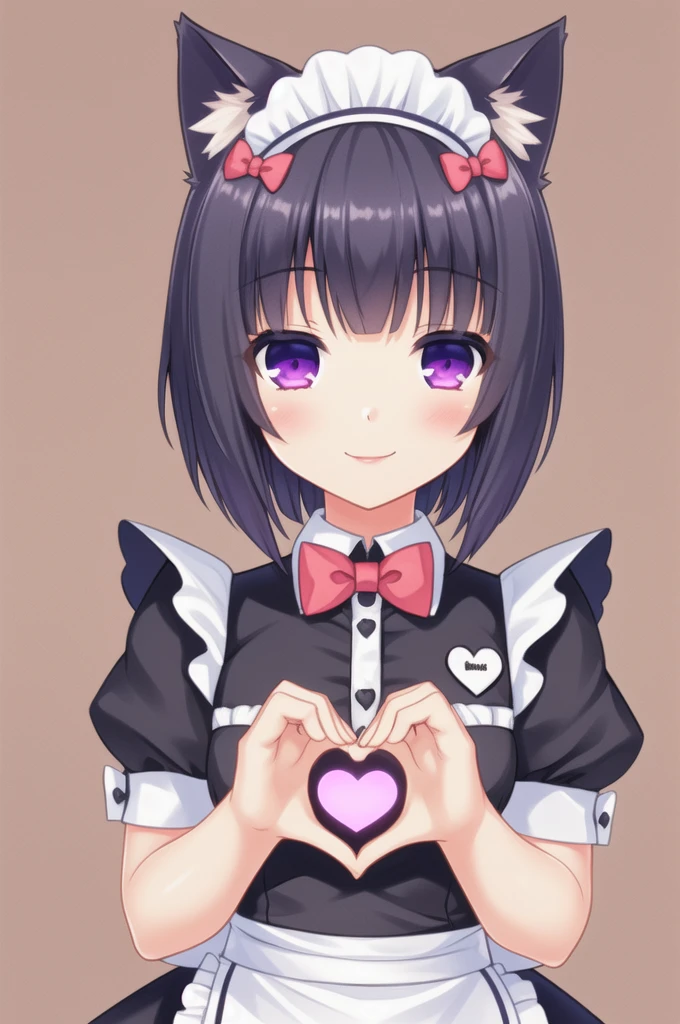 Sayori, 1 girl, animal ears, Happy Valentines, cat ears, name tag, Alone, heart, maid headdress, short sleeves, bow, purple eyes, puffy sleeves, looking at the viewer, puffy short sleeves, black fur, bowtie, heart hands, Character&#39;s name, wristbands, Bell, Love, Artist name, SMILE, maid, Open mouth, short hair, upper body, jingle Bell, happy birthday, hair Love, blush, clothing trimming, Valentine, apron, hits, purple bow, blunt hits, waist apron, neckline trimming, text in English, :d