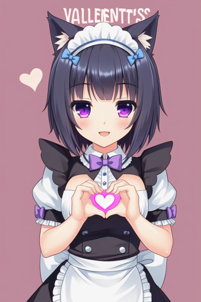 Sayori, 1 girl, animal ears, Happy Valentines, cat ears, name tag, Alone, heart, maid headdress, short sleeves, bow, purple eyes, puffy sleeves, looking at the viewer, puffy short sleeves, black fur, bowtie, heart hands, Character&#39;s name, wristbands, Bell, Love, Artist name, SMILE, maid, Open mouth, short hair, upper body, jingle Bell, happy birthday, hair Love, blush, clothing trimming, Valentine, apron, hits, purple bow, blunt hits, waist apron, neckline trimming, text in English, :d