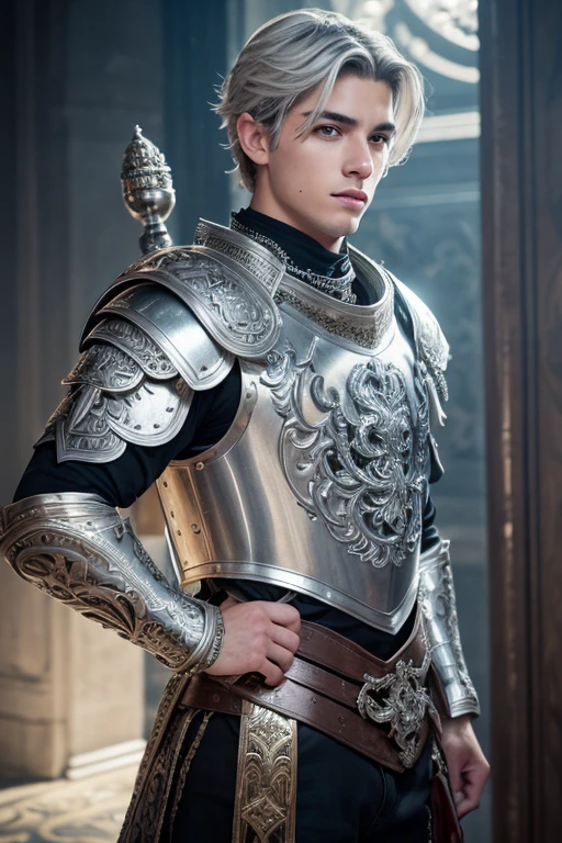 intricate detailed portrait of a handsome young european man with grey eyes and silver hair, 25-30 years old, wearing an intricately detailed ornate metal breastplate, holding an ornate mace, standing next to a massive silver dragon, dramatic lighting, cinematic composition, highly detailed, 8k, masterpiece, photorealistic, dramatic, fantasy, epic