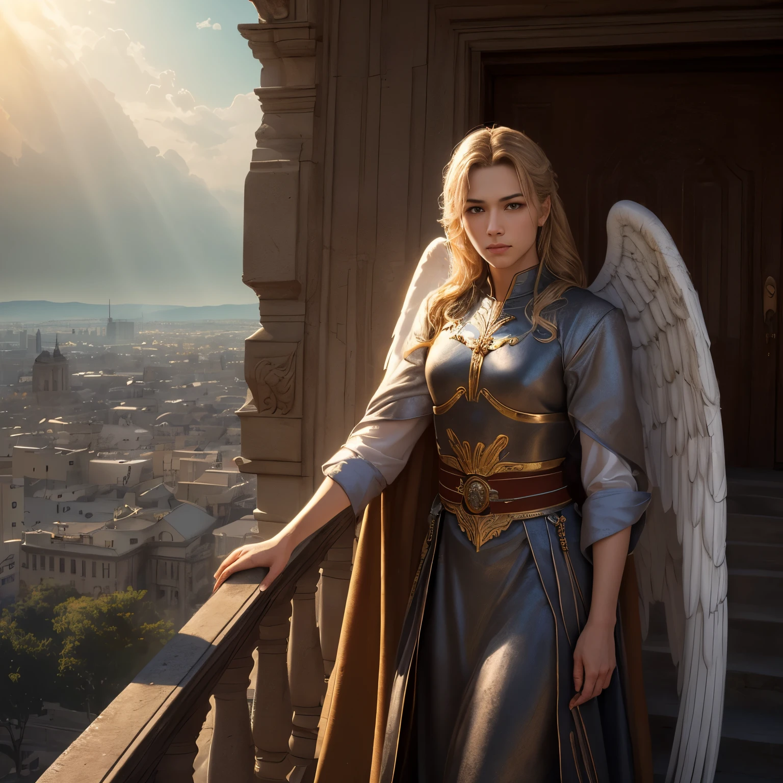 Tall male angel, Archangel Gabriel, War Angel, Front view of the face, The scene takes place in the Heavenly Palace, Standing on the steps, (A cold overlook:1.3), Looking at the audience, Open huge angel wings, Big Wings, Detailed face and eyes,sacred,Holy Light,(best quality, masterpiece, Human Development Report, Ultra HD, potassium, professional, Very detailed:1.3), (Practical, photo-Practical, original photo:1.4), Official Art, Extremely refined, Astonishing, Rim Light, Dramatic Lighting, Bright colors, Bokeh