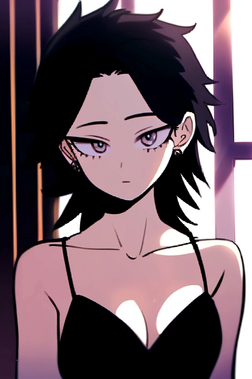 my hero academia ,Female gender, black hair,grey eyes,men&#39;s hair, a look would be