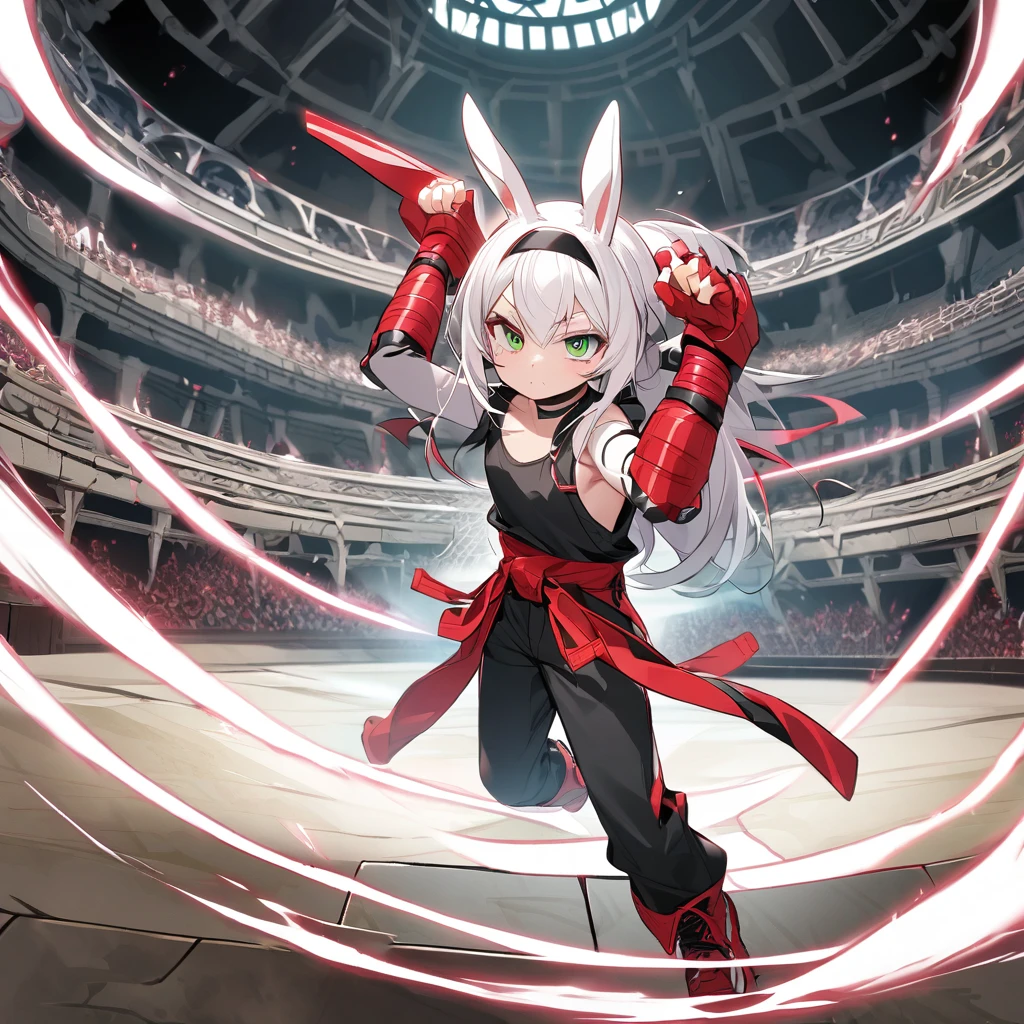 (well done: 1) humanoid white rabbit, dark pink left eye, green right eye, black tank top, bands on the hands up to the forearms, black pants with a red belt on the waist, red sneakers with black details.  in a battle pose in a coliseum.