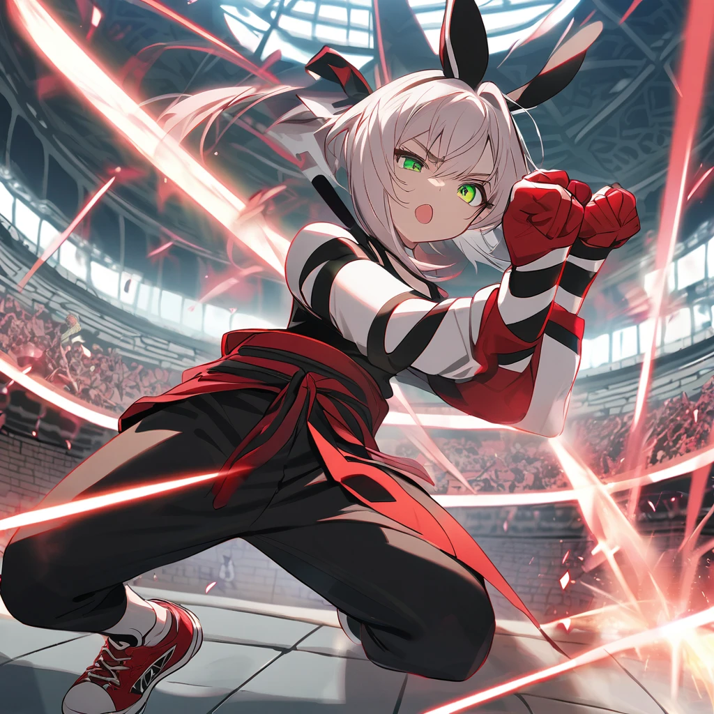 (well done: 1) humanoid white rabbit, dark pink left eye, green right eye, black tank top, bands on the hands up to the forearms, black pants with a red belt on the waist, red sneakers with black details. in a battle pose in a coliseum.