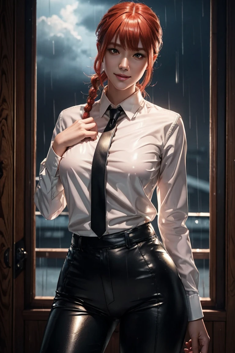 Chainsaw Man,Makima,With bangs,Red Hair,Braids at the back,Golden Eyes,White long sleeve shirt,Black tie,Black Leather Pants,Ultra HD,super high quality,masterpiece,Digital SLR,Photorealistic,Detailed Details部,Vivid details,Depicted in detail,A detailed face,Detailed Details,Super Detail,Realistic skin texture,Anatomical basis,Perfect Anatomy,Anatomically correct hand,Anatomically correct fingers,Complex 3D rendering,Sexy pose,Rainy Sky,Beautiful scenery,Fantastic rainy sky,Picturesque,Pink Lips,smile,