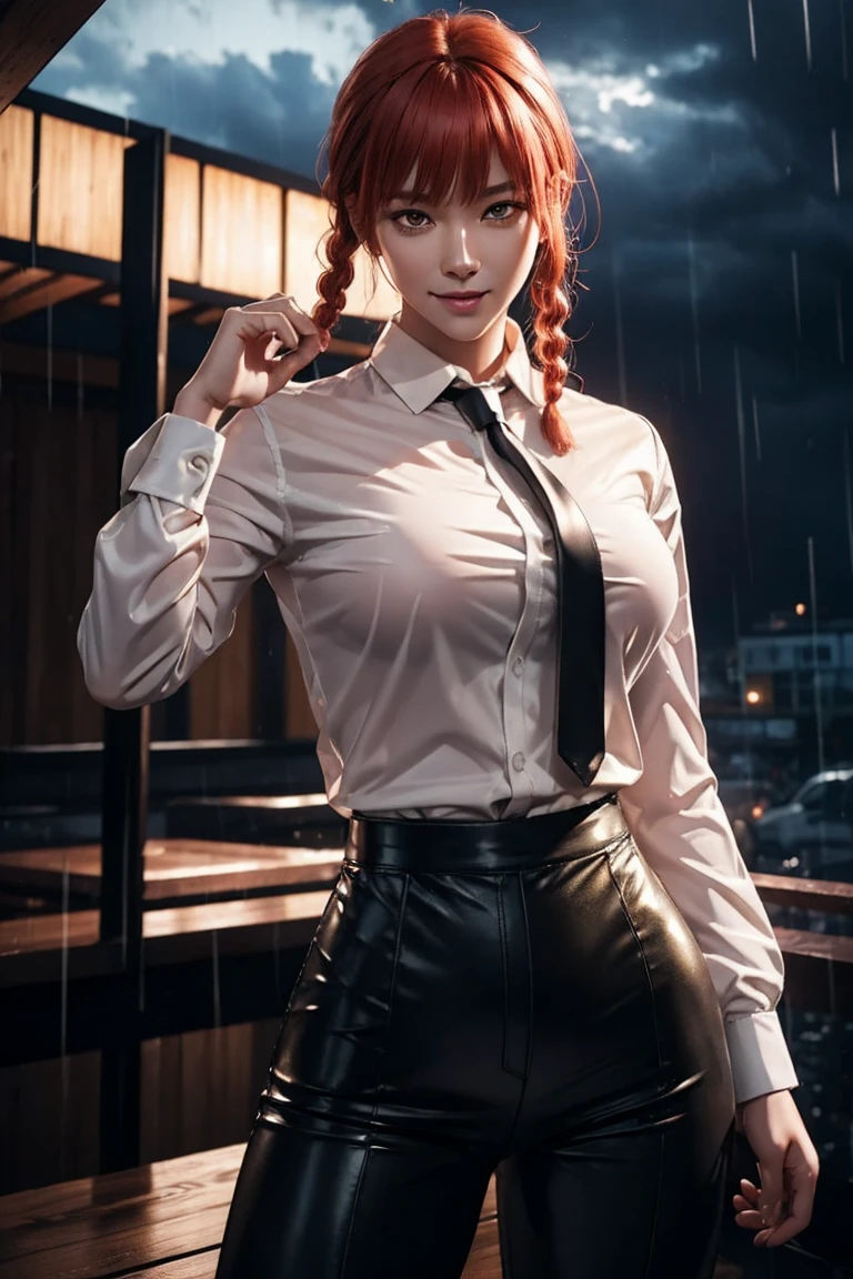 Chainsaw Man,Makima,With bangs,Red Hair,Braids at the back,Golden Eyes,White long sleeve shirt,Black tie,Black Leather Pants,Ultra HD,super high quality,masterpiece,Digital SLR,Photorealistic,Detailed Details部,Vivid details,Depicted in detail,A detailed face,Detailed Details,Super Detail,Realistic skin texture,Anatomical basis,Perfect Anatomy,Anatomically correct hand,Anatomically correct fingers,Complex 3D rendering,Sexy pose,Rainy Sky,Beautiful scenery,Fantastic rainy sky,Picturesque,Pink Lips,smile,