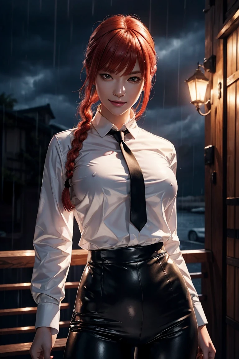 Chainsaw Man,Makima,With bangs,Red Hair,Braids at the back,Golden Eyes,White long sleeve shirt,Black tie,Black Leather Pants,Ultra HD,super high quality,masterpiece,Digital SLR,Photorealistic,Detailed Details部,Vivid details,Depicted in detail,A detailed face,Detailed Details,Super Detail,Realistic skin texture,Anatomical basis,Perfect Anatomy,Anatomically correct hand,Anatomically correct fingers,Complex 3D rendering,Sexy pose,Rainy Sky,Beautiful scenery,Fantastic rainy sky,Picturesque,Pink Lips,smile,