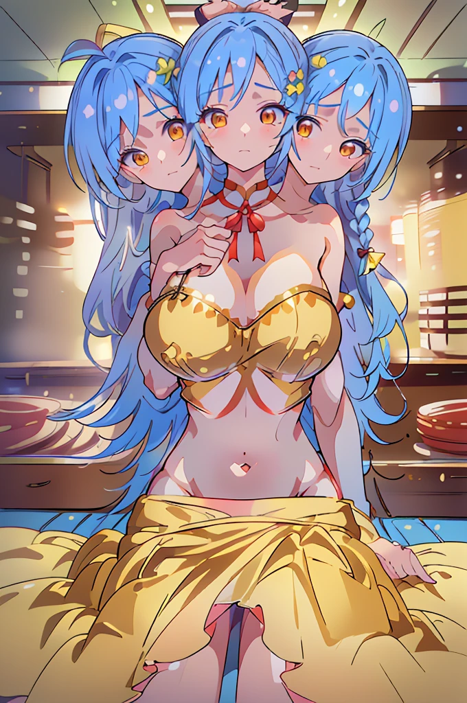 (masterpiece, best quality),best quality, (ultra-detailed), (3heads:1.5), 1girl, (label girl (dipp):1.3), masterpiece, ultra quality, ultra resolution, ultra detail, white top, crop top, ((stomach)), midriff, ((groin)), red skirt, normal ears, shackles, blue hair, very long hair, wavy hair, sidelocks, yellow eyes, detailed eyes, parted lips, open belly, sweat, cute, toned belly, hand on own chest, eyelashes, (22 year old woman:1.3), (masterpiece:1.5), (best quality:1.5), (beautiful detailed extremely detailed CG, extremely delicate and beautiful, depth of field, (finely detailed face), (perfect details:1.2), (mature female:1.3), wide pelvis, slender, large veiny breast, 16k resolution, highres, high quality, high definition, extremely detailed, masterpiece, best quality, blue hair, long hair, alluring presence, braid, short skirt, close up, very big tits, very huge tits, young, star hair ornament, yellow ribbon, side ponytail, cabbie hat, hair ornament,
