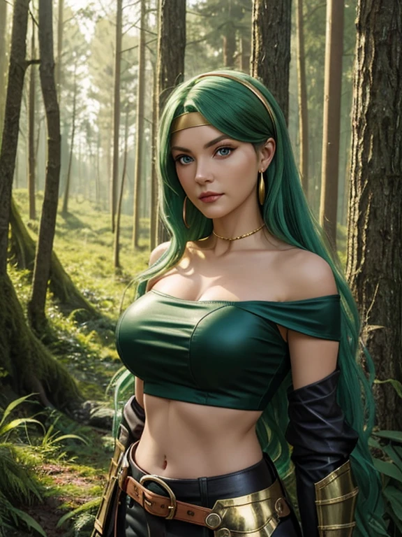 ((Best quality)), ((Masterpiece)), (detailed), (Detailed face:1.2), (Detailed eyes:1.2), (Perfect figure:1.2), Fantasy style, Fantasy environment,  Female Knight, long green hair, headband, strapless, off shoulder, crop top, leather pants, gold belt, armor, knight's armor, big breast, middle aged woman, (looking at viewer with a mischievous expression on her face:1.1), holding a sword, One woman, In the forest, forest background
