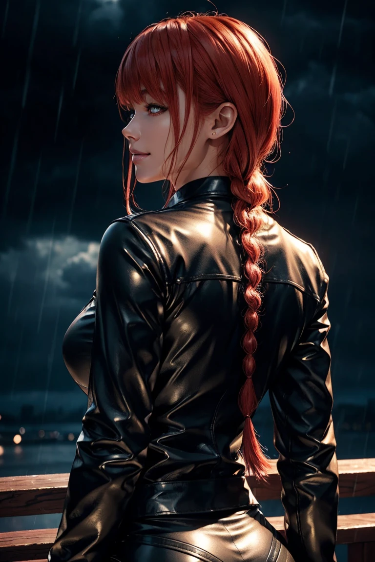 Chainsaw Man,Makima,With bangs,Red Hair,Braids at the back,Golden Eyes,White long sleeve shirt,Black tie,Black Leather Pants,Ultra HD,super high quality,masterpiece,Digital SLR,Photorealistic,Detailed Details部,Vivid details,Depicted in detail,A detailed face,Detailed Details,Super Detail,Realistic skin texture,Anatomical basis,Perfect Anatomy,Anatomically correct hand,Anatomically correct fingers,Complex 3D rendering,Sexy pose,Beautiful back view,Rainy Sky,Beautiful scenery,Fantastic rainy sky,Picturesque,Pink Lips,smile,