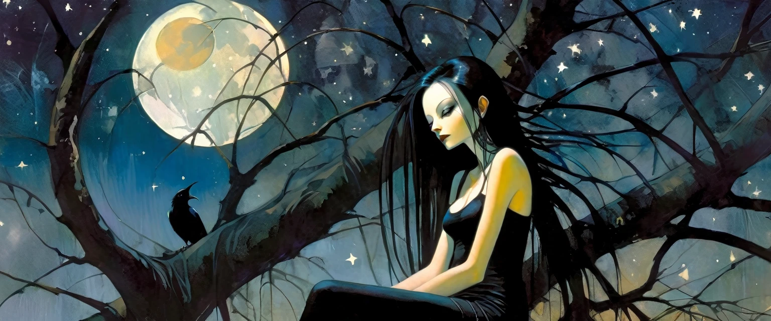 Sexy gothic girl, long black and straight hair, tight black t-shirt and jeans, small breasts, pale white skin tone, ankh symbol, a dark crow accompanies her, sitting under a tree with convoluted branches, magic, fantastic, night sky, moon , stars, background (simple oil painting in a Dave mcKean style)
