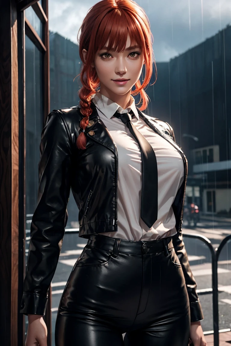 Chainsaw Man,Makima,With bangs,Red Hair,Braids at the back,Golden Eyes,White long sleeve shirt,Black tie,Black Leather Pants,Ultra HD,super high quality,masterpiece,Digital SLR,Photorealistic,Detailed details,Vivid details,Depicted in detail,A detailed face,Detailed details,Super Detail,Realistic skin texture,Anatomical basis,Perfect Anatomy,Anatomically correct hand,Anatomically correct fingers,Complex 3D rendering,Sexy pose,Rainy Sky,Beautiful scenery,Fantastic rainy sky,Picturesque,Pink Lips,smile,