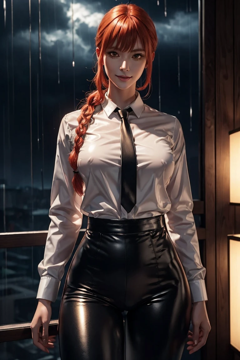 Chainsaw Man,Makima,With bangs,Red Hair,Braids at the back,Golden Eyes,White long sleeve shirt,Black tie,Black Leather Pants,Ultra HD,super high quality,masterpiece,Digital SLR,Photorealistic,Detailed details,Vivid details,Depicted in detail,A detailed face,Detailed details,Super Detail,Realistic skin texture,Anatomical basis,Perfect Anatomy,Anatomically correct hand,Anatomically correct fingers,Complex 3D rendering,Sexy pose,Rainy Sky,Beautiful scenery,Fantastic rainy sky,Picturesque,Pink Lips,smile,