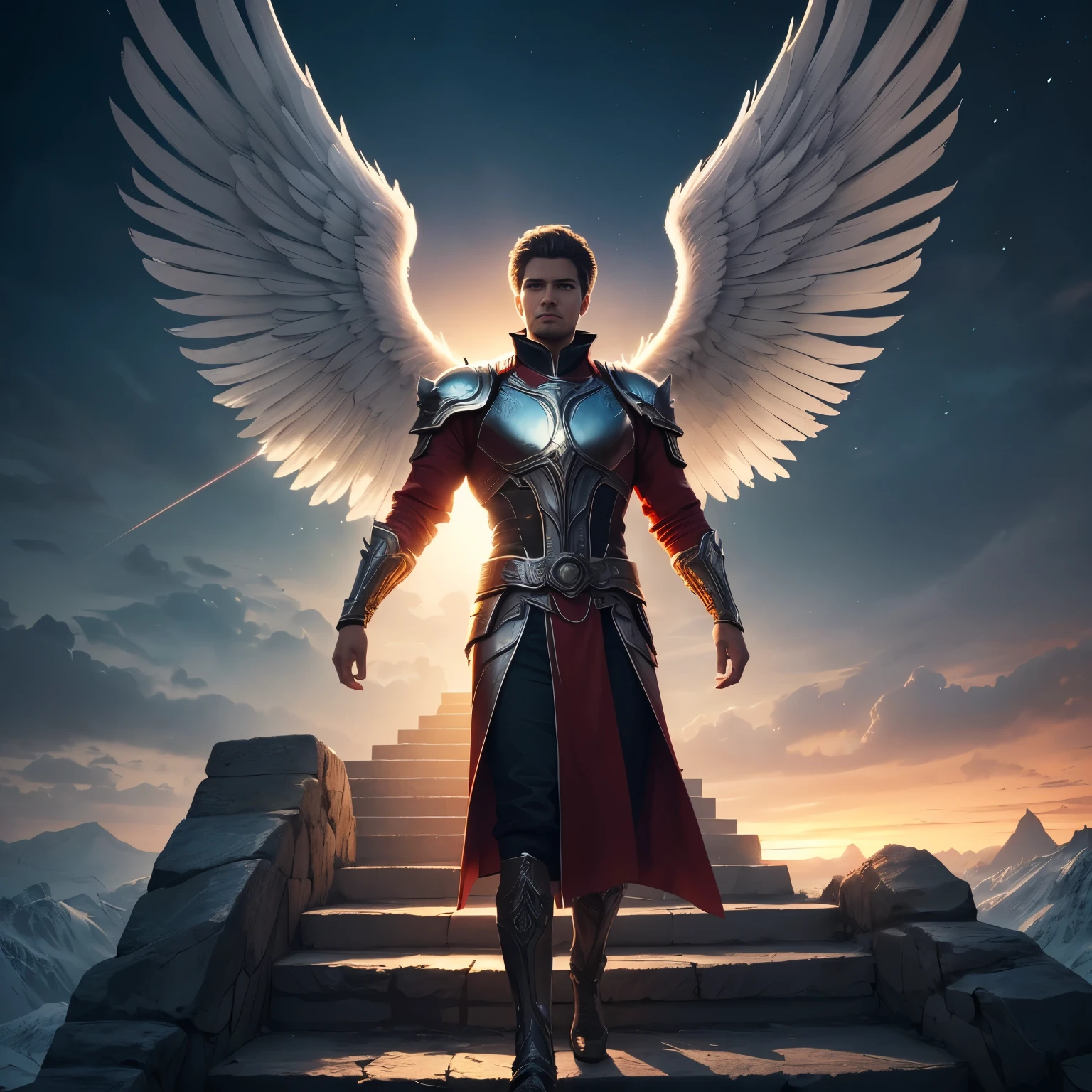 Tall male angel, Archangel Gabriel, War Angel, Front view of the face, The scene takes place in the Heavenly Palace, Standing on the steps, (A cold overlook:1.3), Looking at the audience, Open huge angel wings, Big Wings, Detailed face and eyes,sacred,Holy Light,(best quality,Ultra-high resolution,masterpiece, professional,:1.3),(Reality,Official Art,Unity 8K wallpaper,Extremely detailed,Beautiful and aesthetic, Astonishing),Soft Light,Rim Light,Dramatic Lighting,Bright colors,Blurred foreground,Bokeh,potassium