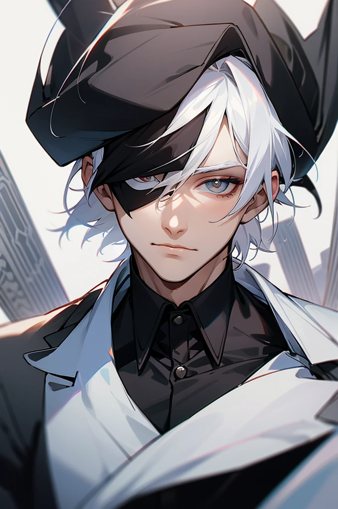 Handsome young man with white hair, wearing two white eye patches. wearing a black suit There's a sword at his waist.