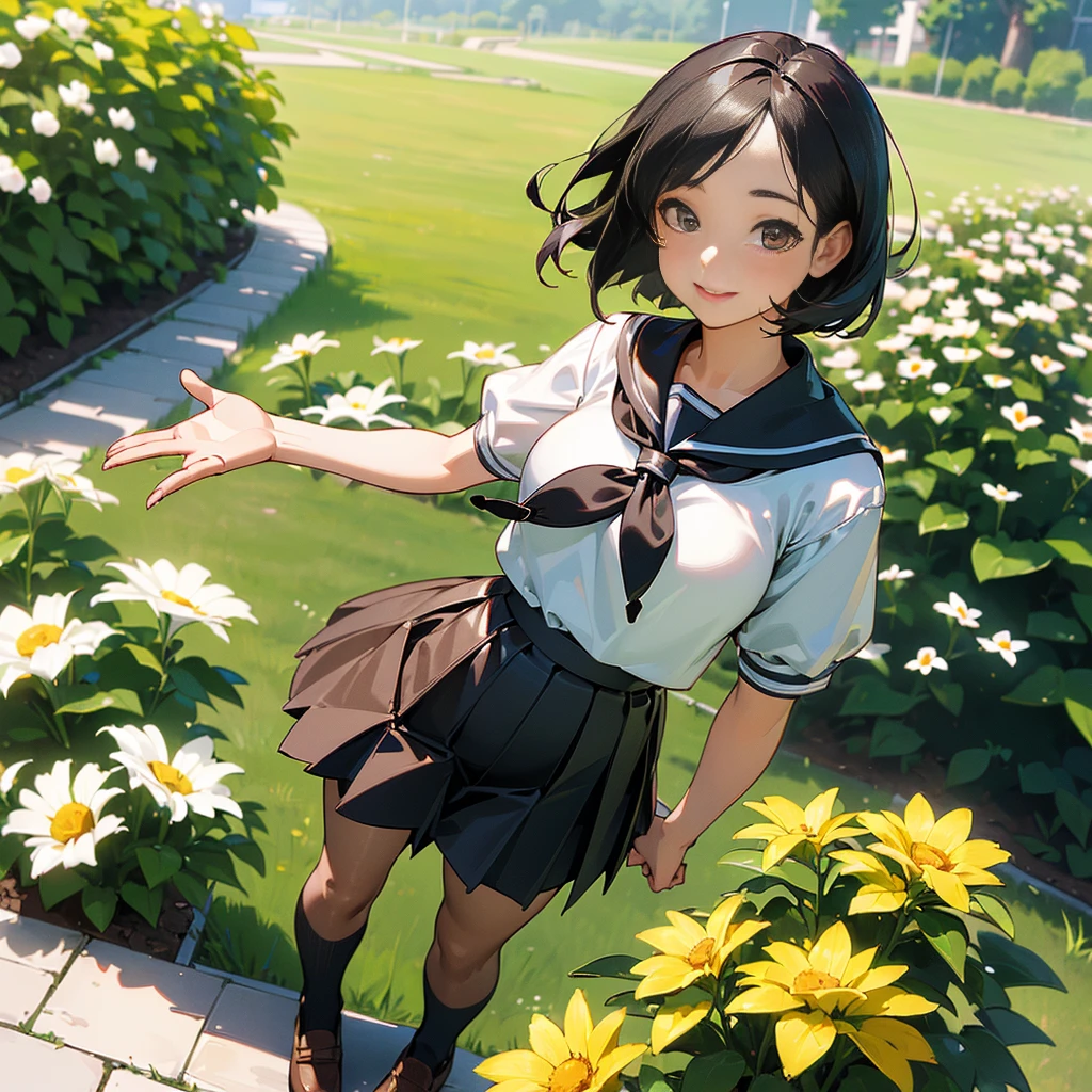(Highest quality, High resolution, Super detailed, Realistic:1.37), Peaceful atmosphere, (Outdoor, garden), Teenage girl standing alone,(my breasts are big.),Beautifully detailed features, Cute Smile, ((Black bob hair)),Short-sleeved sailor uniform, Pleated skirt,Black tights,Brown leather shoes.