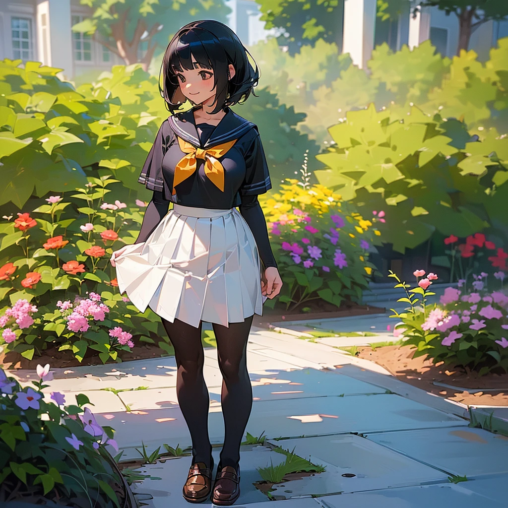 (Highest quality, High resolution, Super detailed, Realistic:1.37), Peaceful atmosphere, (Outdoor, garden), age girl standing alone,(my breasts are big.),Beautifully detailed features, Cute Smile, ((Black bob hair)),Short-sleeved sailor uniform, Pleated skirt,Black tights,Brown leather shoes.