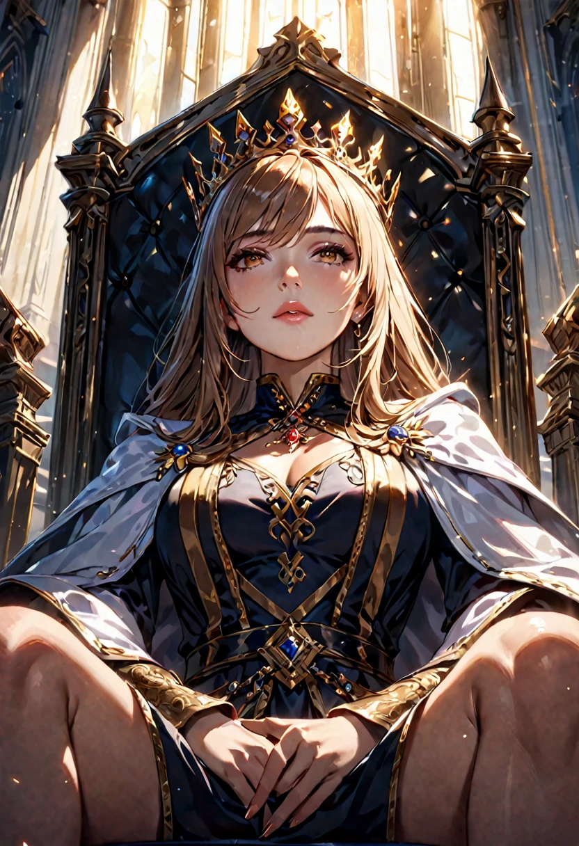 A Queen sitting on the throne, European, detailed face, dramatic lighting, cinematic angle, photorealistic, 8k, high resolution, hyper detailed, masterpiece,refiner: woman face,light beams,open legs