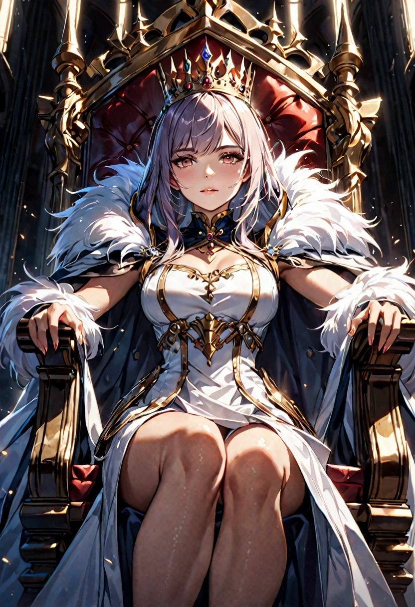 A Queen sitting on the throne, European, detailed face, dramatic lighting, cinematic angle, photorealistic, 8k, high resolution, hyper detailed, masterpiece,refiner: woman face,light beams,open legs