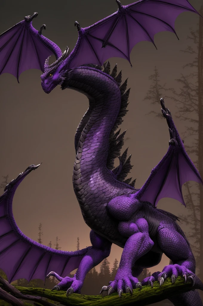 Create a large, winged, majestic, and ancient black and purple dragon, in an enchanted forest in the twilight of the night