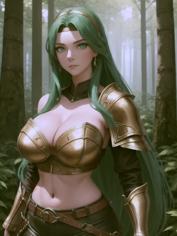 ((Best quality)), ((Masterpiece)), (detailed), (Detailed face:1.2), (Detailed eyes:1.2), (Perfect figure:1.2), Fantasy style, Fantasy environment, Female Knight, long green hair, headband, strapless, off shoulder, crop top, leather pants, gold belt, armor, knight's armor, big breast, middle aged woman, (looking at viewer with a mischievous expression on her face:1.1), holding a sword, One woman, In the forest, forest background