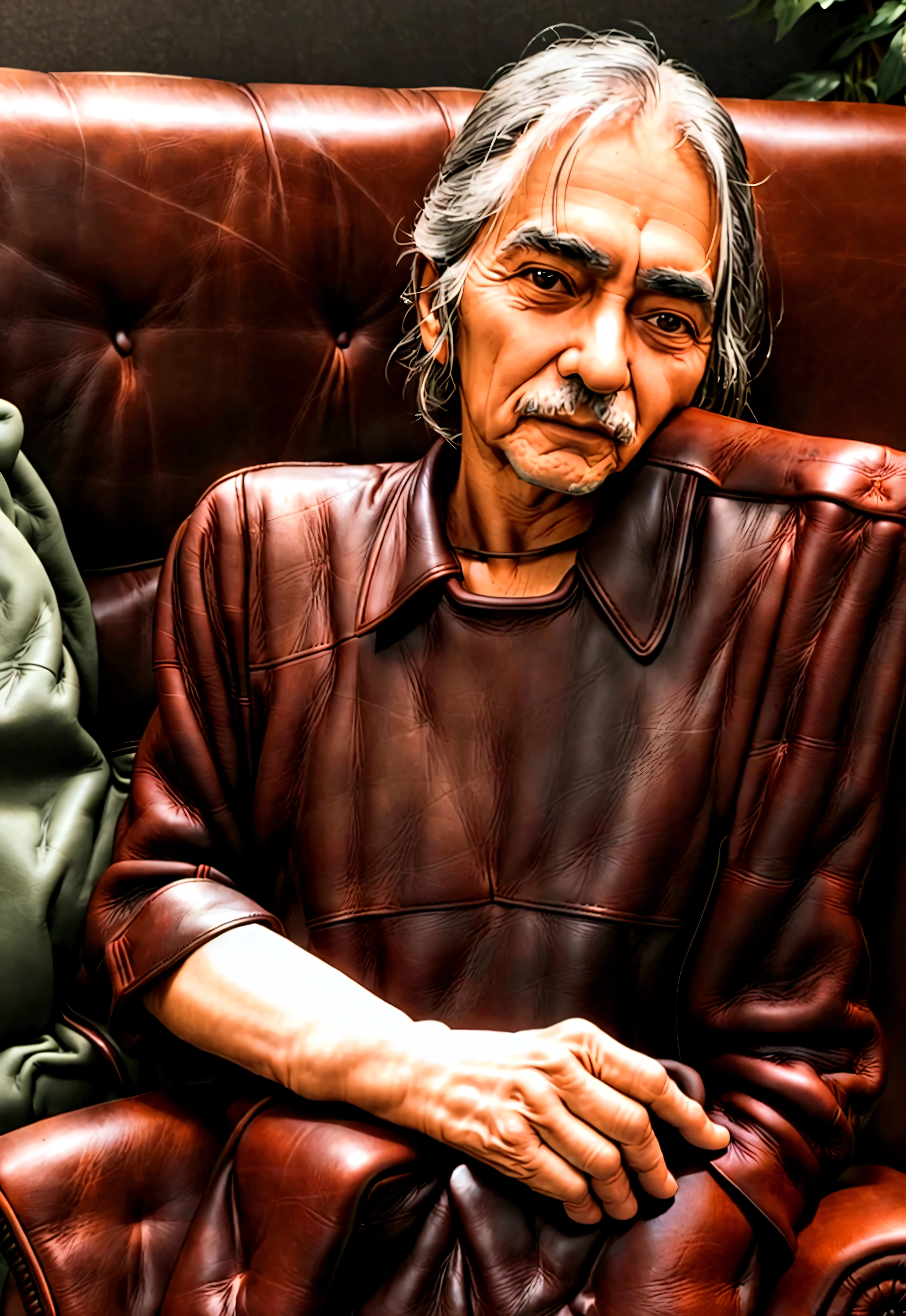 (masterpiece), ((couples shot)), half screen, ((( an old man is seated beside a beautiful 21 years old woman on a leather couch))), (she kisses the old man intensely))),best quality, perfect anatomy, ((she is wearing no clothing)), ((small breasts, slender but supple hips)), (long brown hair), (detailed brown eyes are open) , slender hips perfect body, perfect makeup, intense detail, UHD, very realistic