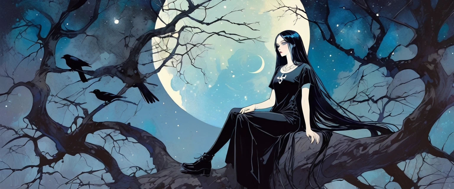 Sexy gothic girl, long black and straight hair, tight black t-shirt and jeans, small breasts, pale white skin tone, ankh symbol, a dark crow accompanies her, sitting under a tree with convoluted branches, magic, fantastic, night sky, moon , stars, background (simple oil painting in a Bill Sienkiewicz style)